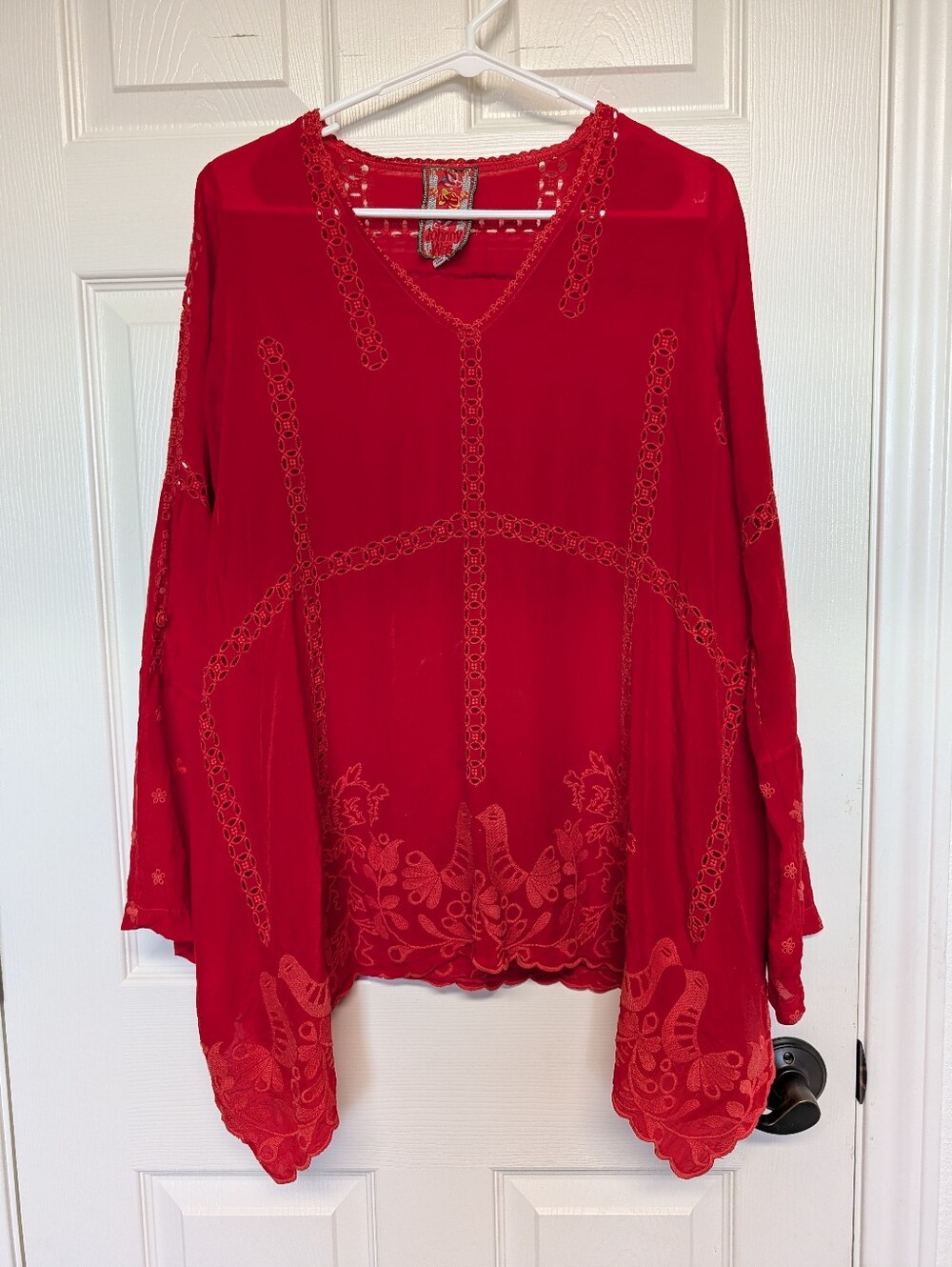 Johnny Was XS Red Embroidered Tunic Top Sharkbite Handkerchief Hem Boho Blouse